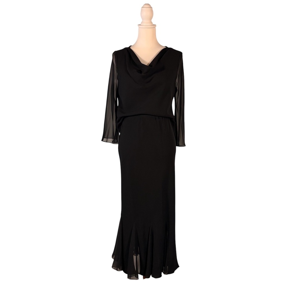 90s Black Top Skirt Set Women's 12 Cowl 3/4 Sleeve Midi Elegant Classic Chic